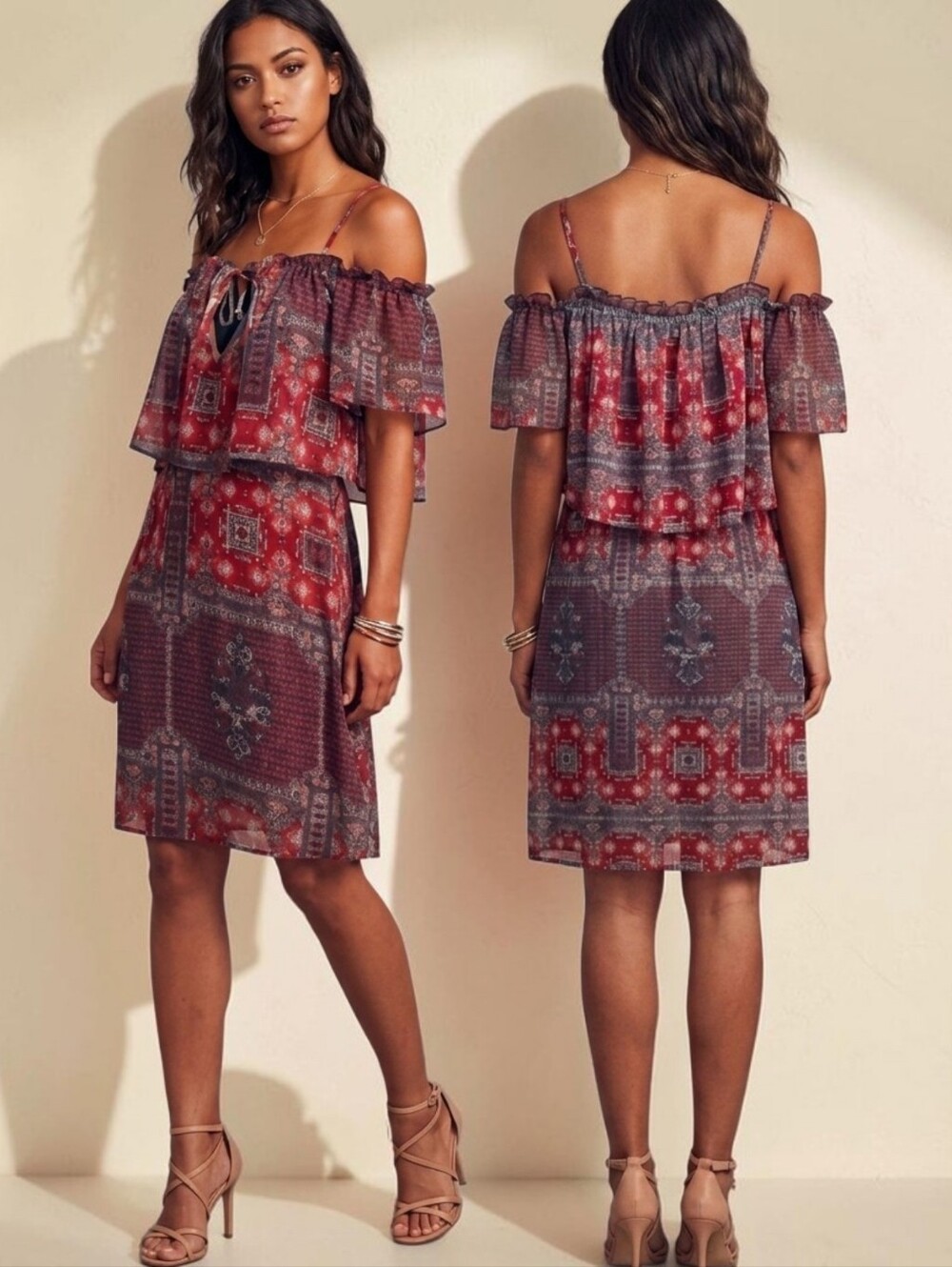BCBGeneration Cold Shoulder Boho Midi Dress - Size M